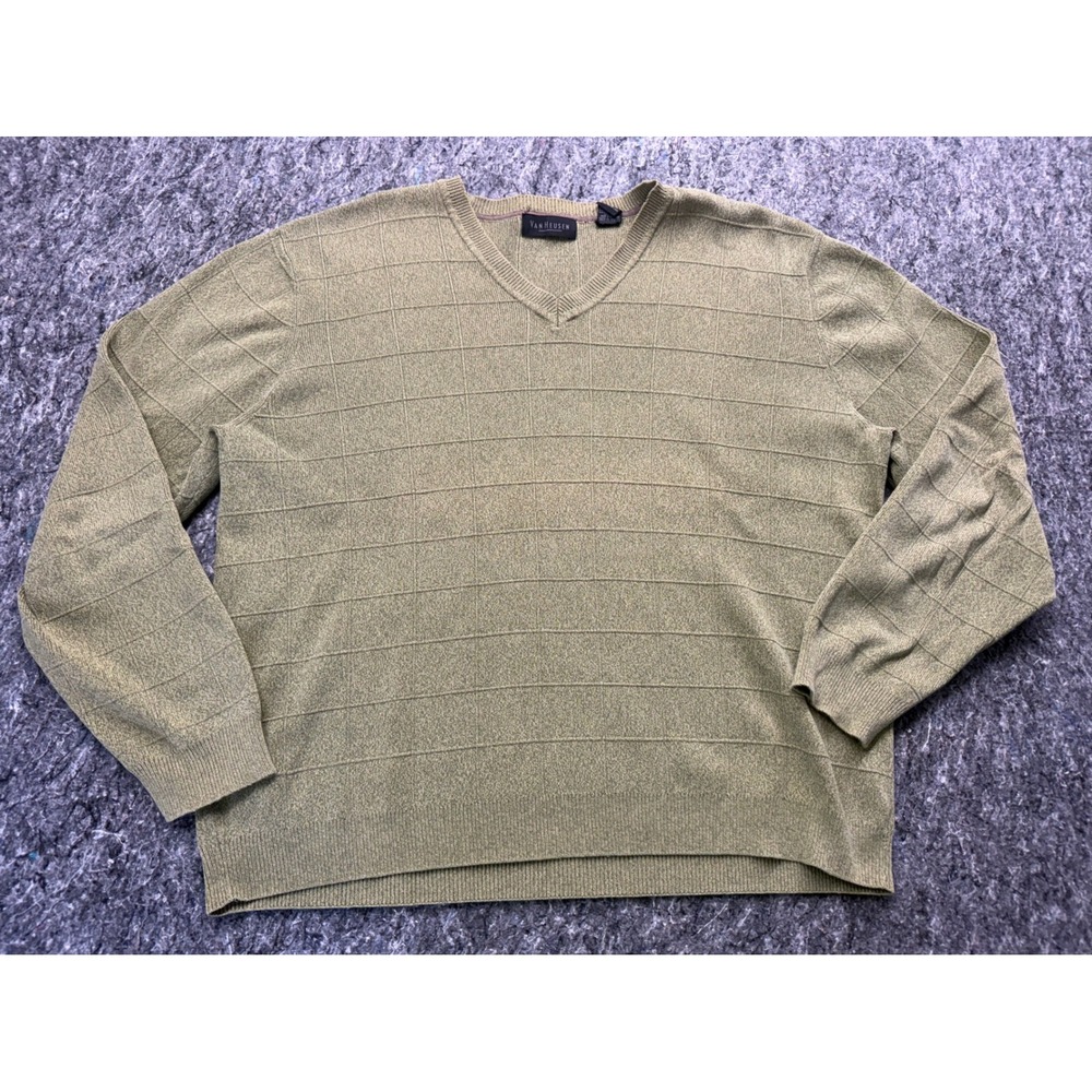 Van Heusen Mens Large Olive Green V-Neck Cotton Grid Texture‎ Sweater 452114